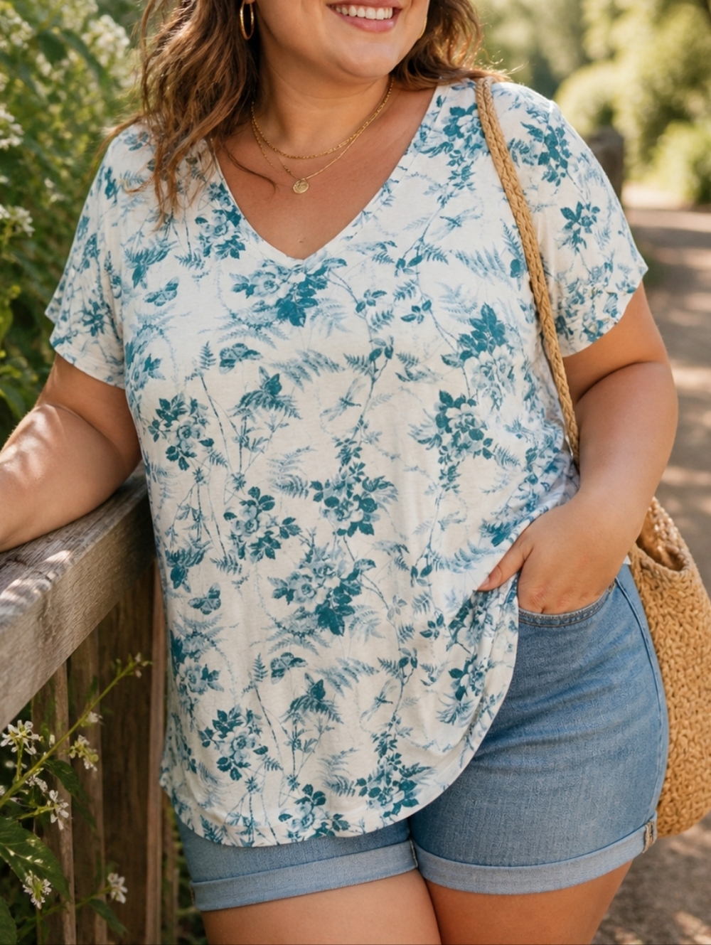 Joie White & Teal Blue Floral V-Neck Short Sleeve Blouse